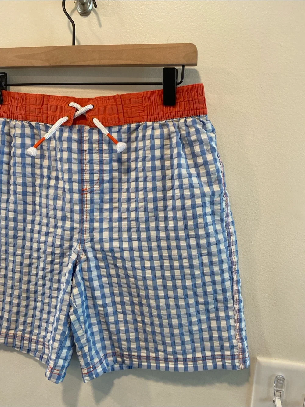 Mini Boden boys Gingham Print Board Shorts swim trunks size 13-14 blue